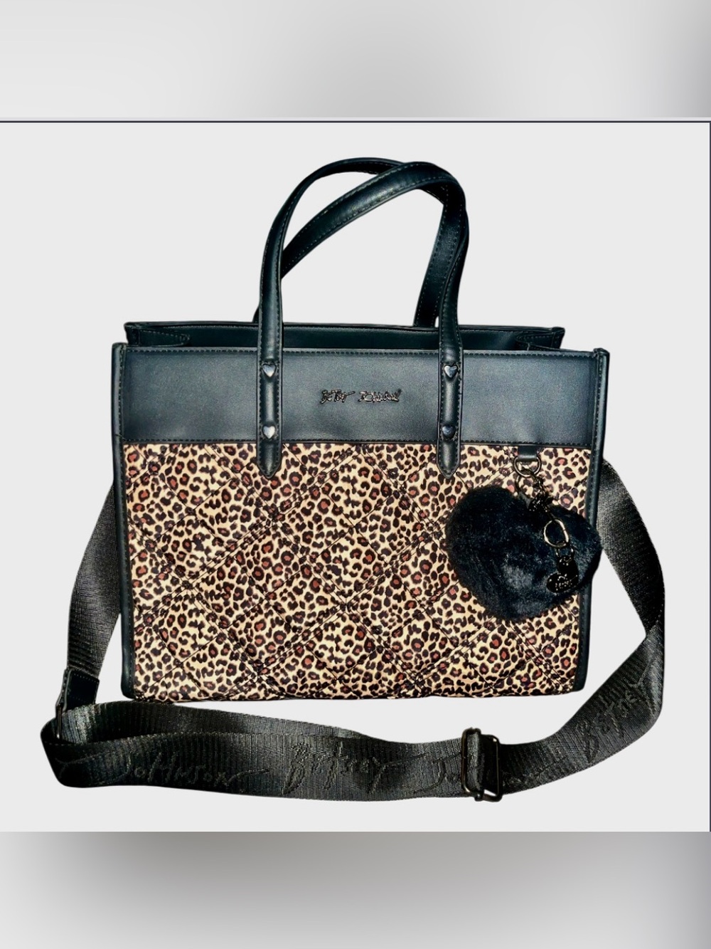 Betsey Johnson Black and Leopard Quilted Tote with Heart Pom Charm